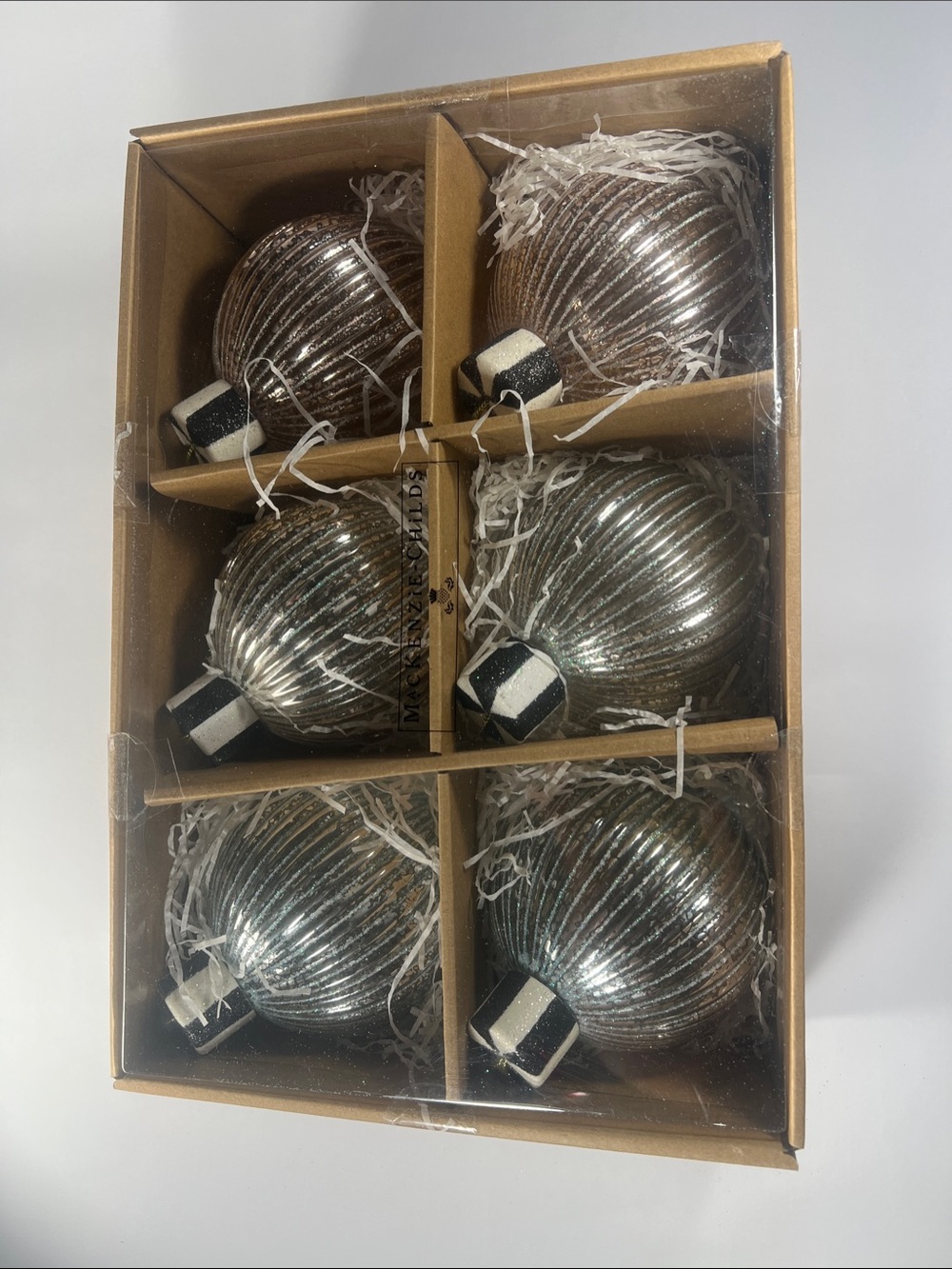 MacKenzie-Childs Metallic Silver Ribbed Glass Ornaments - Set of 6